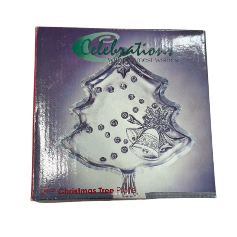 Celebrations with warmest wishes 7.5 inch Christmas tree plate. Clear glass
